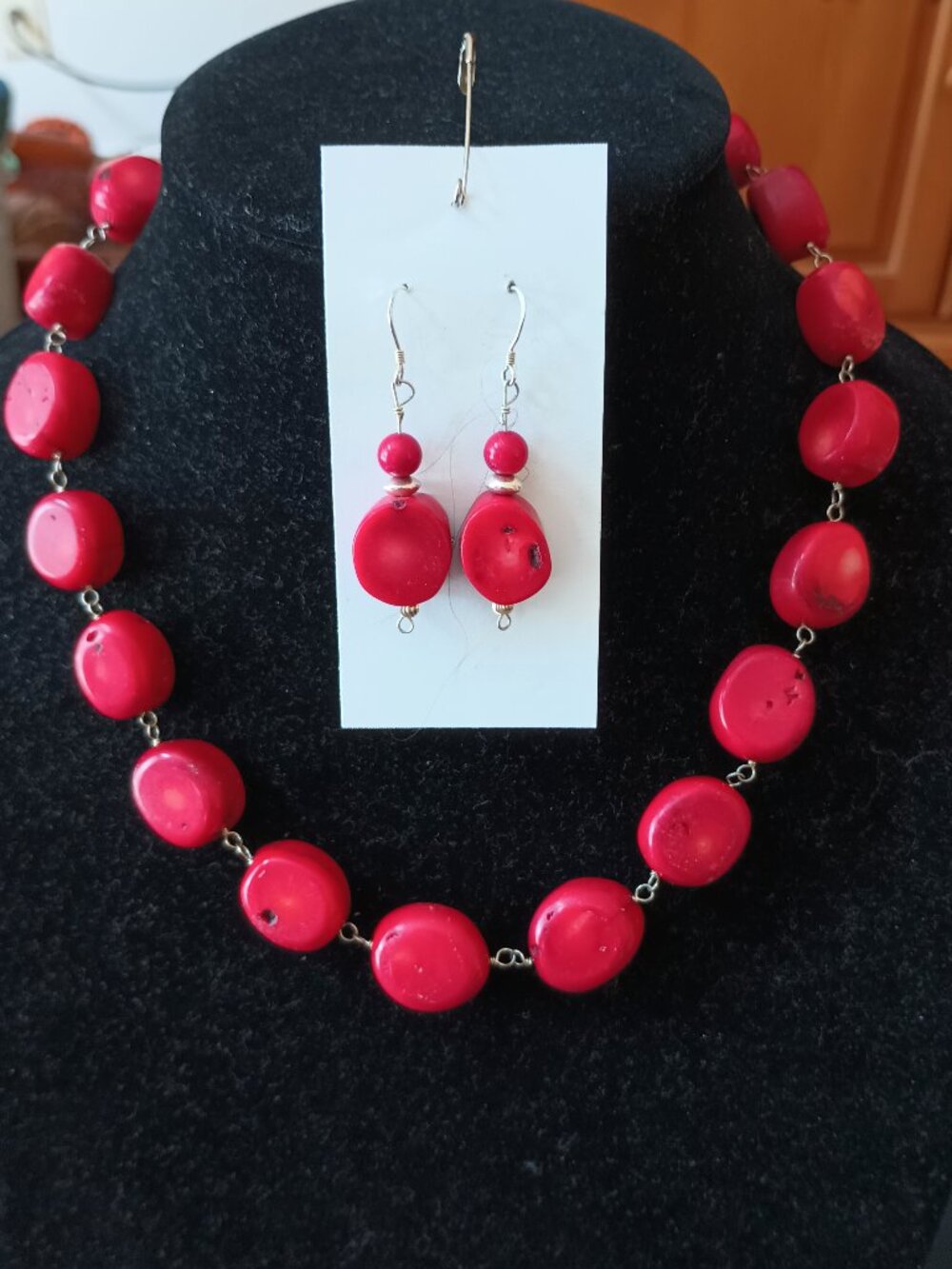 Red Coral and Sterling Silver Necklace and Earrings Set - Picture 2 of 8